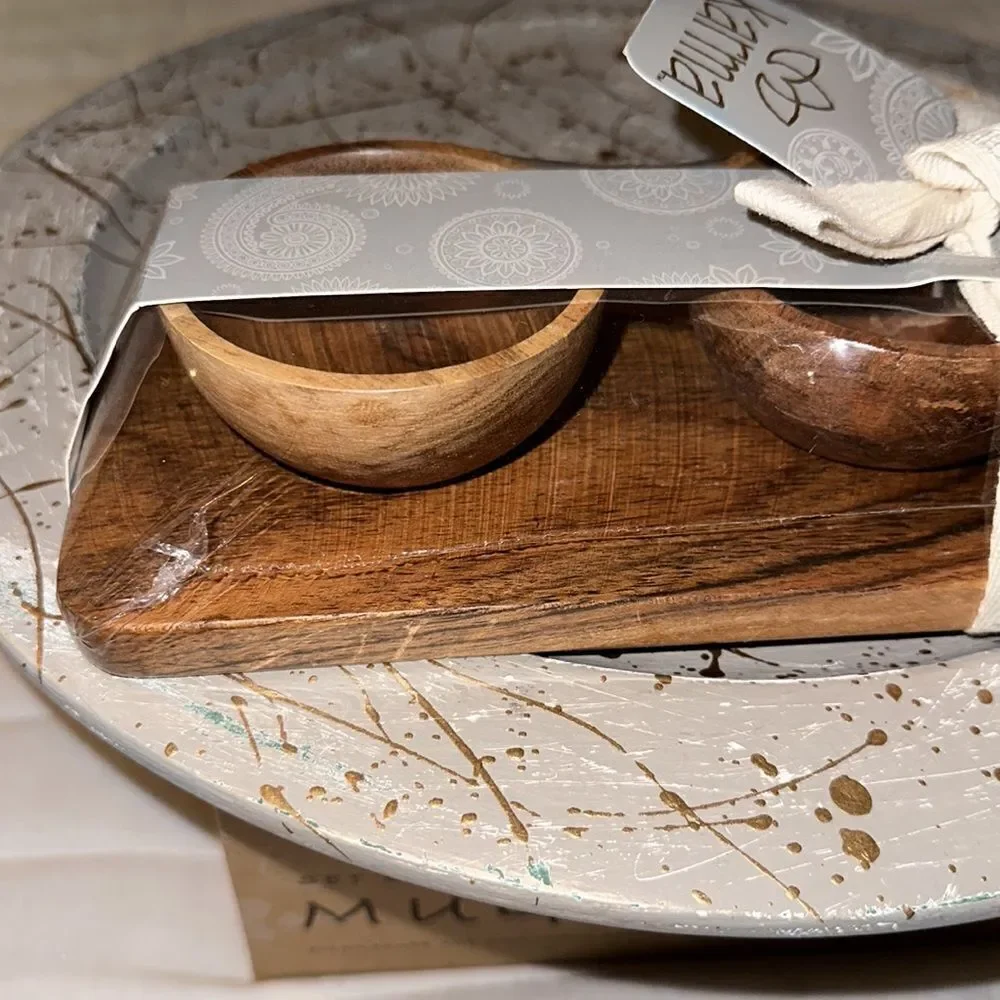 Karma Set of 3 piece Teak Wooden Condiment Dipping Bowls with a Serving Tray